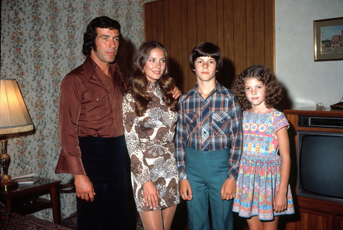 1970s-Style Family Portrait in a Retro Living Room