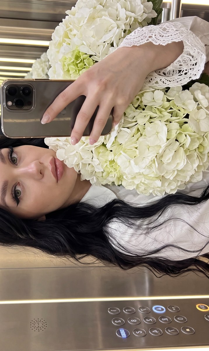 Elevator Mirror Selfie with White Hydrangeas output 2