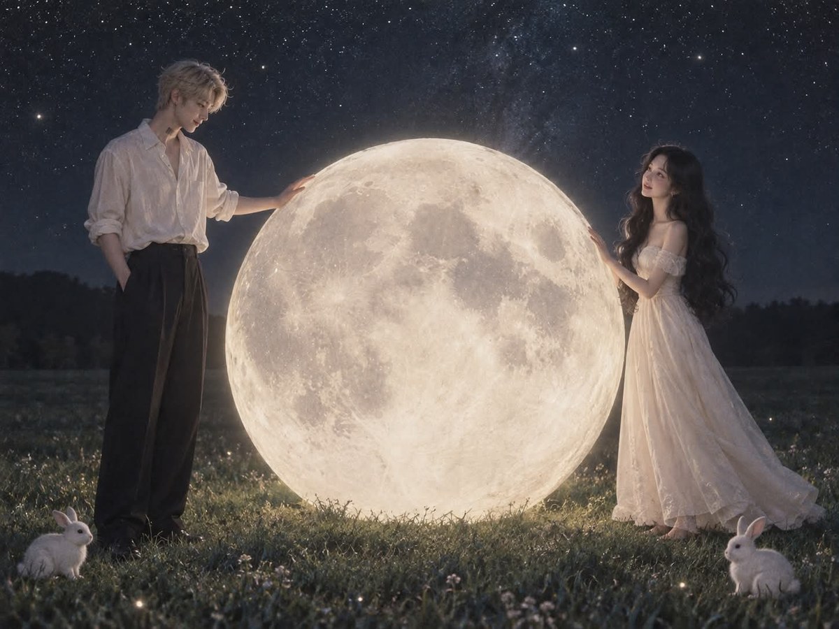 Romantic Couple Beneath a Giant Full Moon