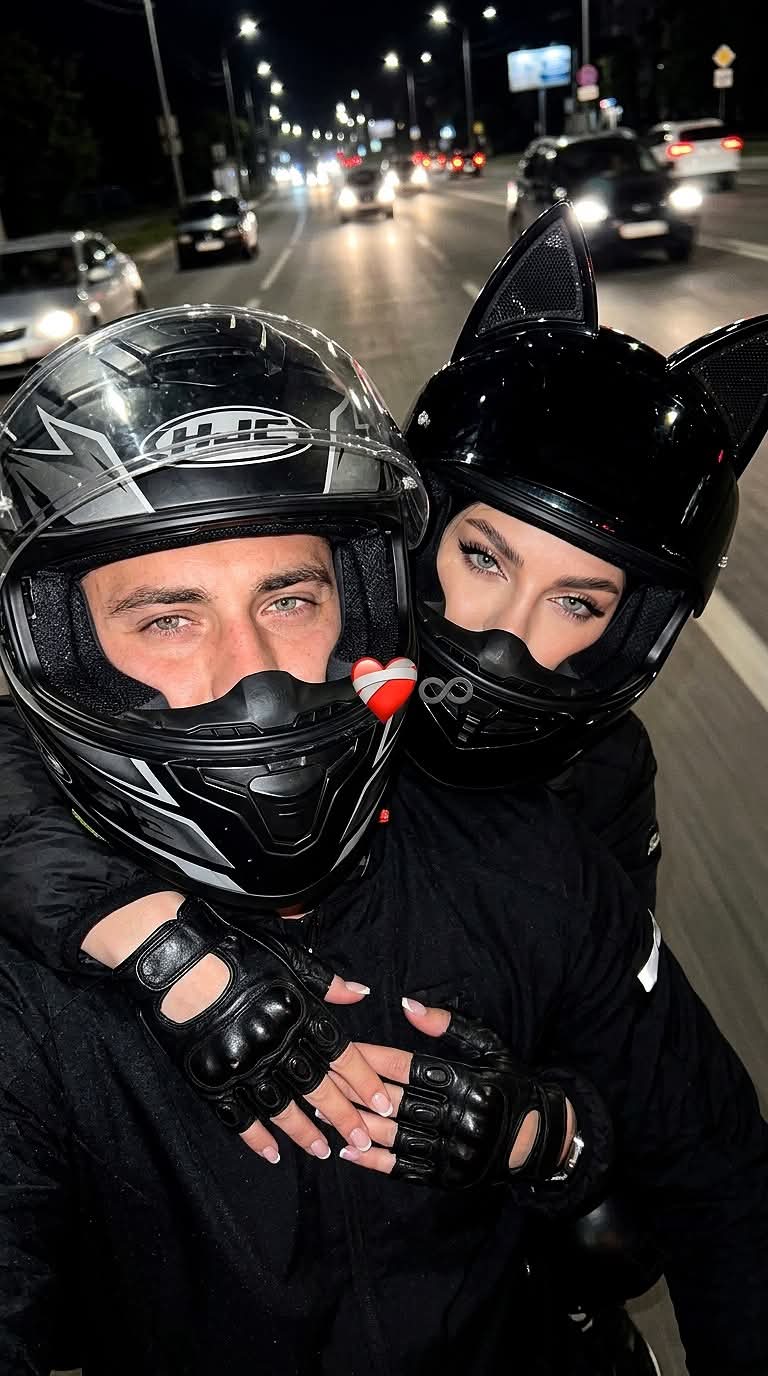Nighttime Two-Person Motorcycle Selfie
