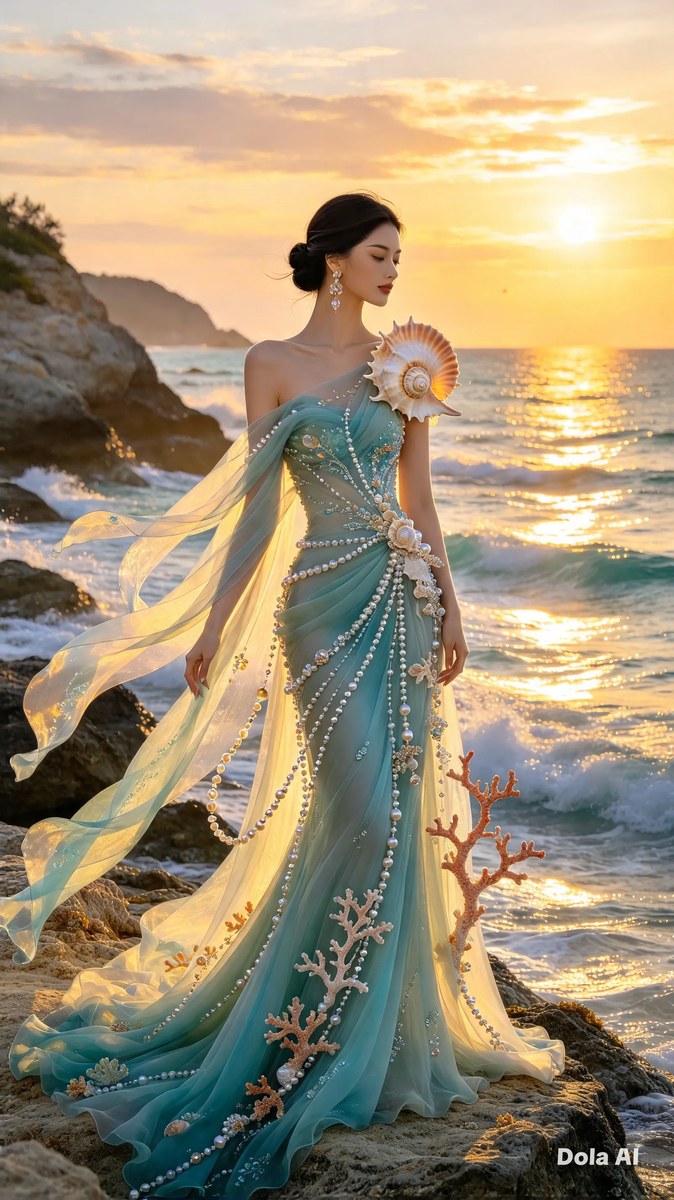 Seashell Gown on a Rocky Coastline output 2
