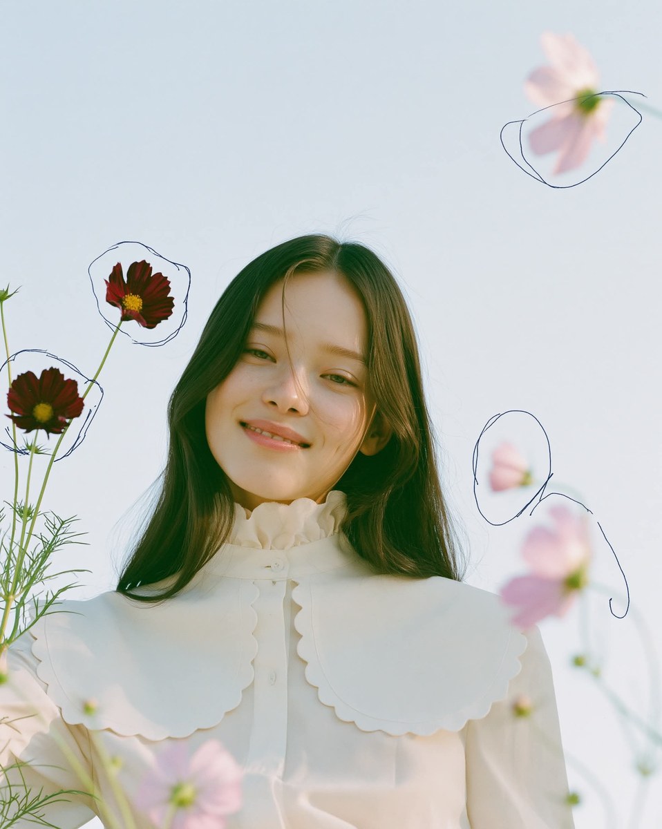 Floral Editorial Portrait with Blue Doodles