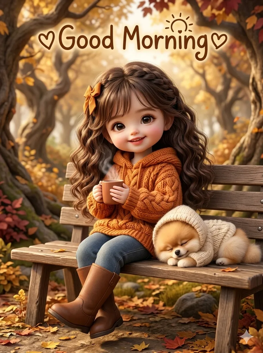 Pixar-Style Girl and Pet on an Autumn Park Bench
