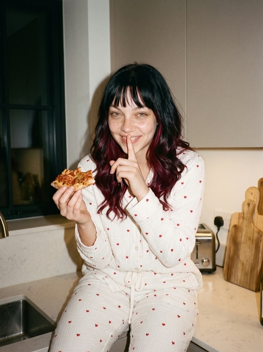 Vintage Kitchen Portrait with Wine and Heart-Print Pajamas output 7