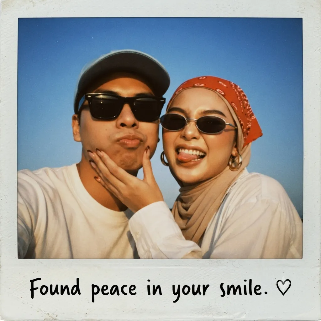Golden-Hour Couple Selfie in a Vintage Polaroid Frame output 2
