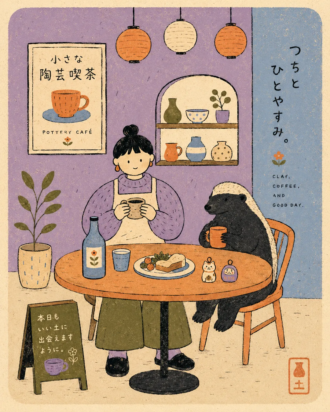 Risograph Café Poster with a Person and Animal output 3