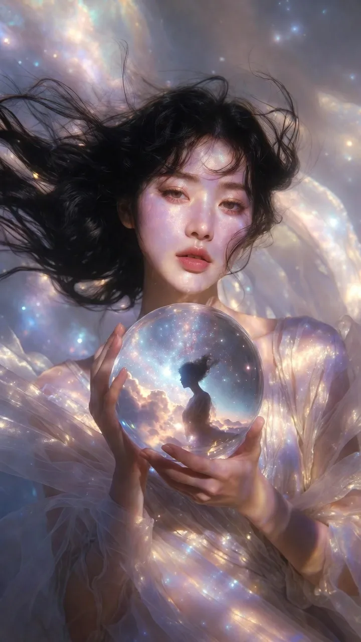 Ethereal Fashion Portrait with a Cosmic Crystal Sphere output 2