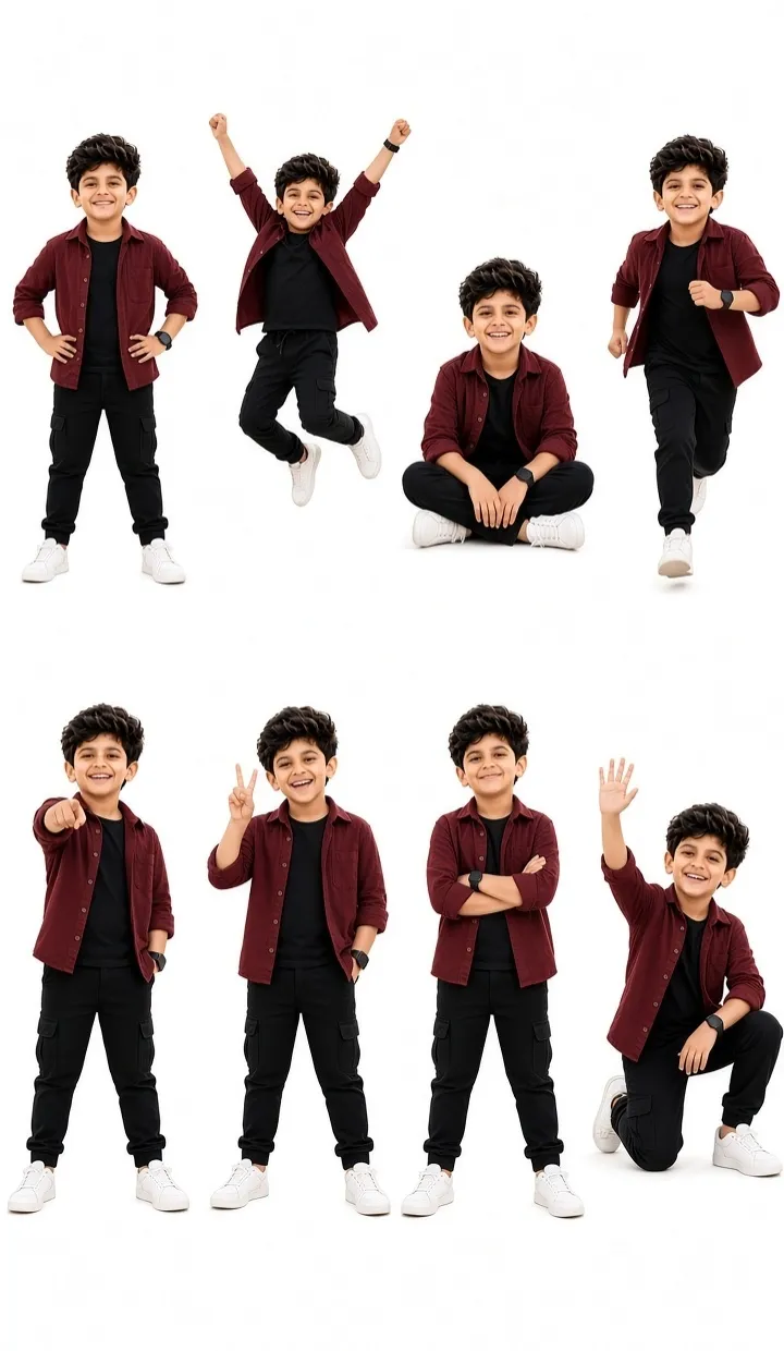 Eight-Pose Character Sheet of a 7-Year-Old Boy