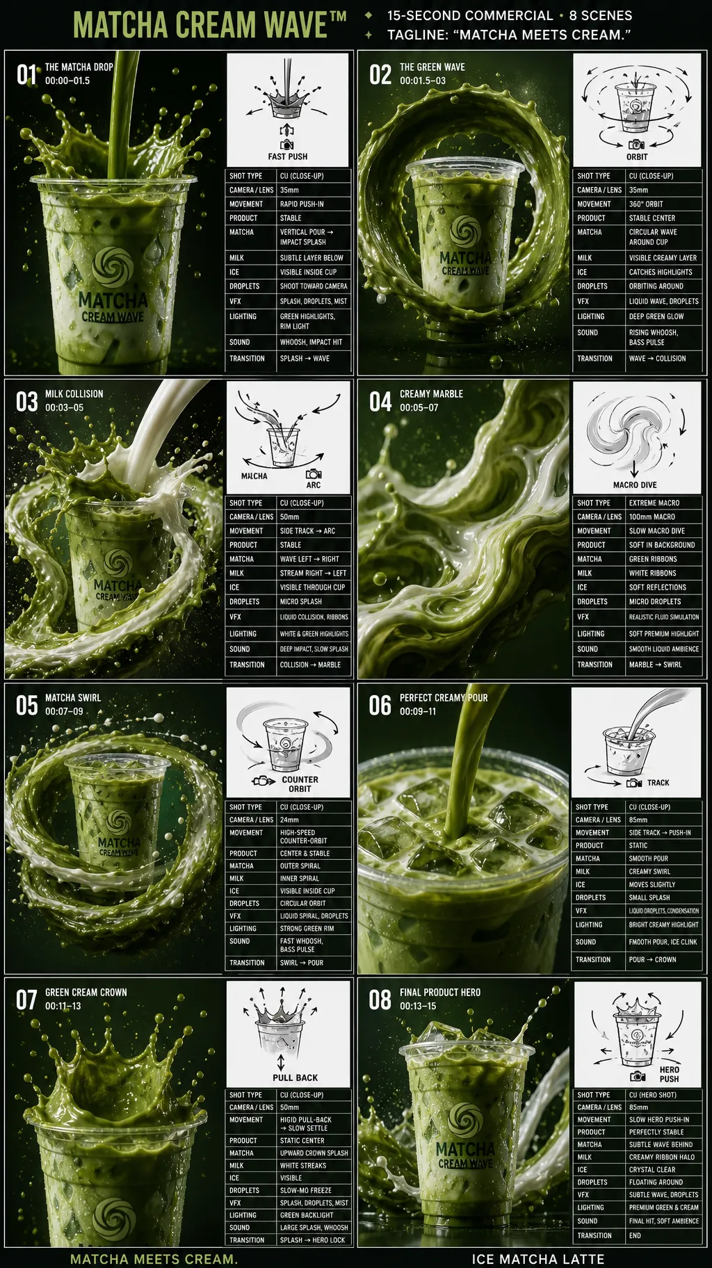 Ice Matcha Latte — 8-Scene Cinematic Commercial Storyboard
