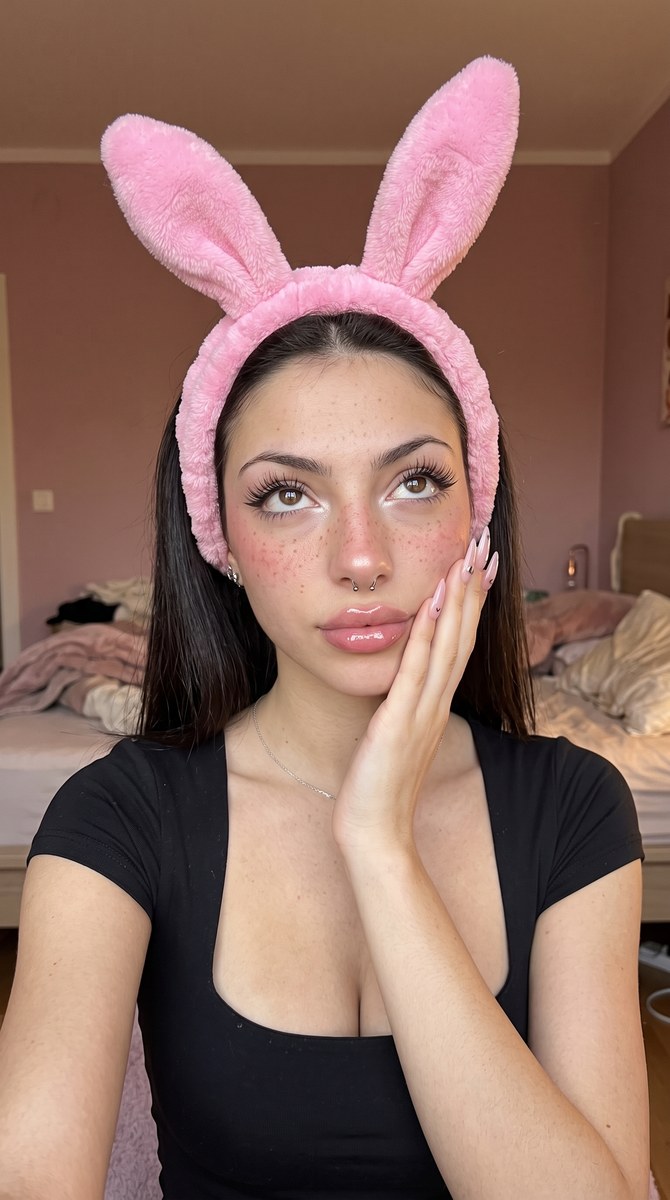 Low-Angle Pink Bunny-Ears Selfie output 1