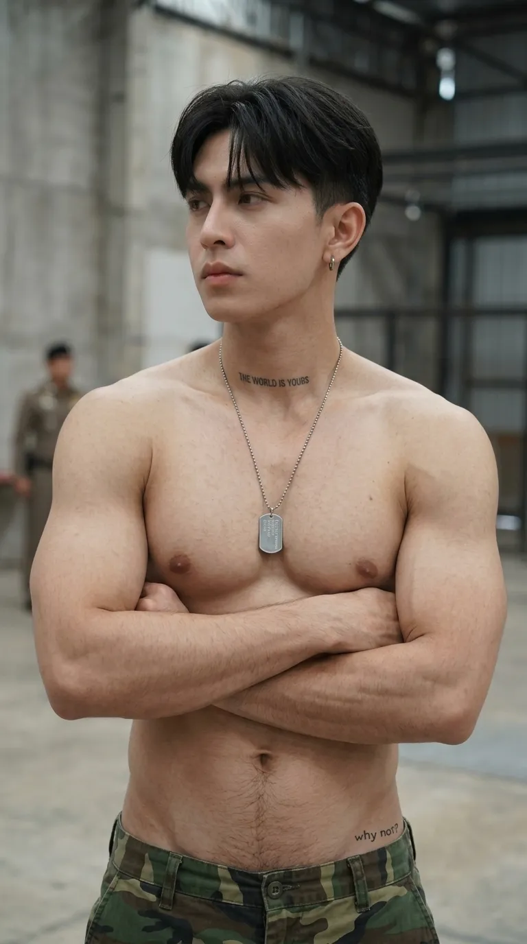 Photorealistic Muscular Man in a Military Interior