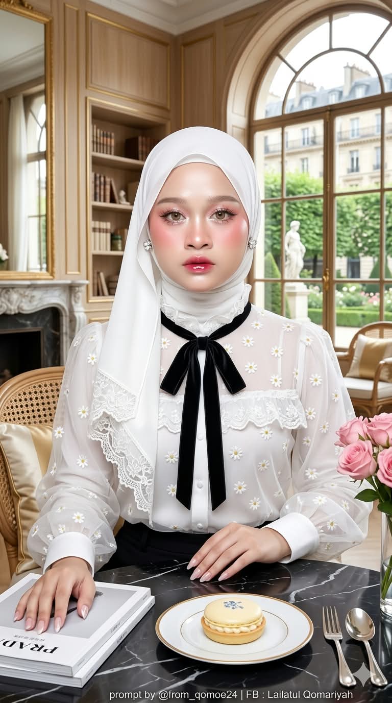 Elegant Paris Café Portrait of a Young Woman in a White Hijab