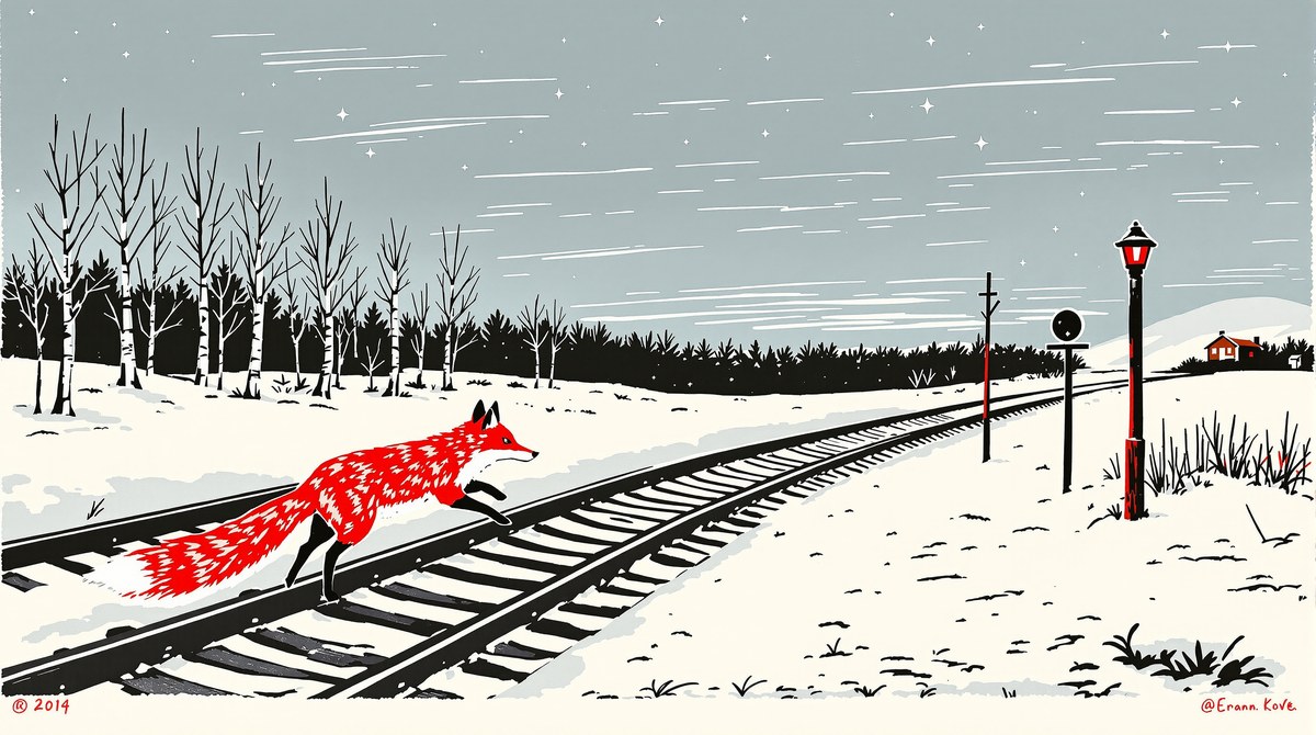Linocut Print of a Red Fox Crossing Snowy Railway Tracks at Dusk