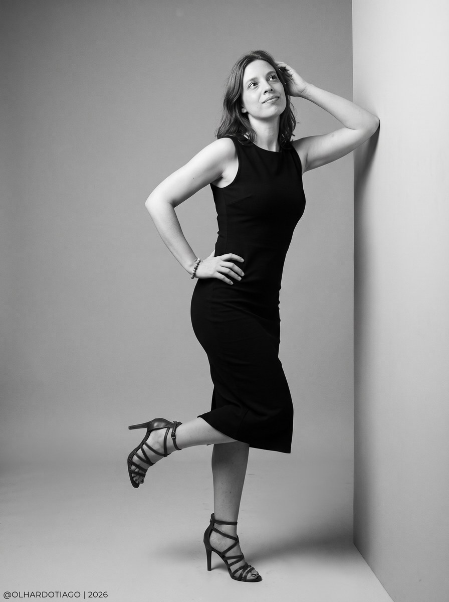 Black-and-White Studio Portrait with Dynamic Pose output 2