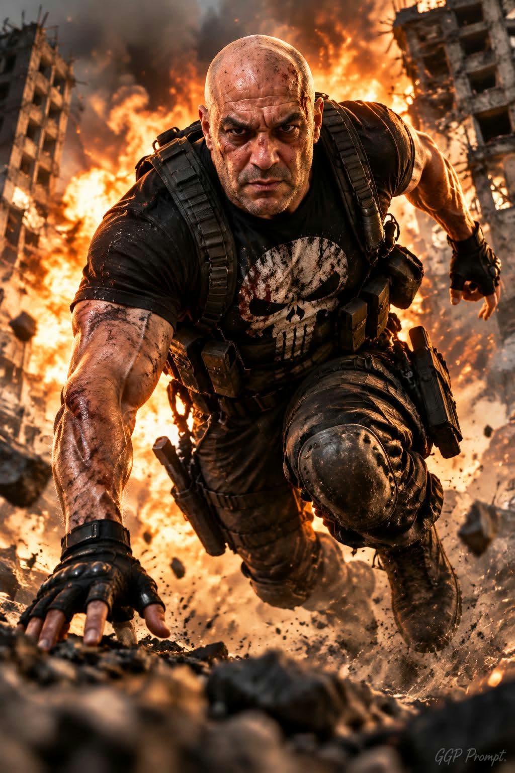 Cinematic Tactical Action Portrait in a Destroyed City