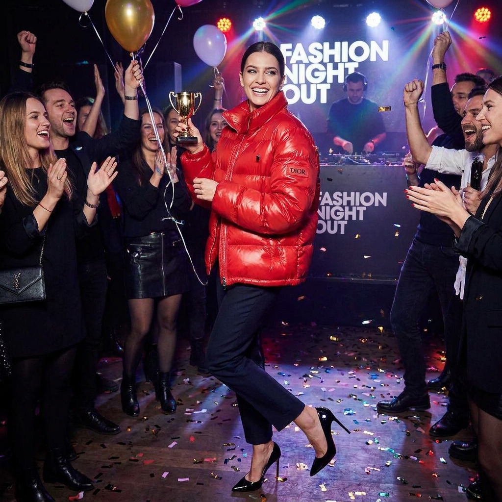 Red Dior Puffy Jacket Fashion Night Out Winner