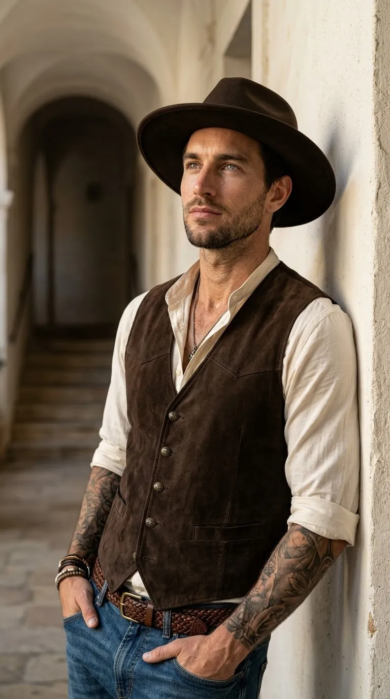 Photorealistic Portrait of a Man in a Sunlit Mediterranean Hallway
