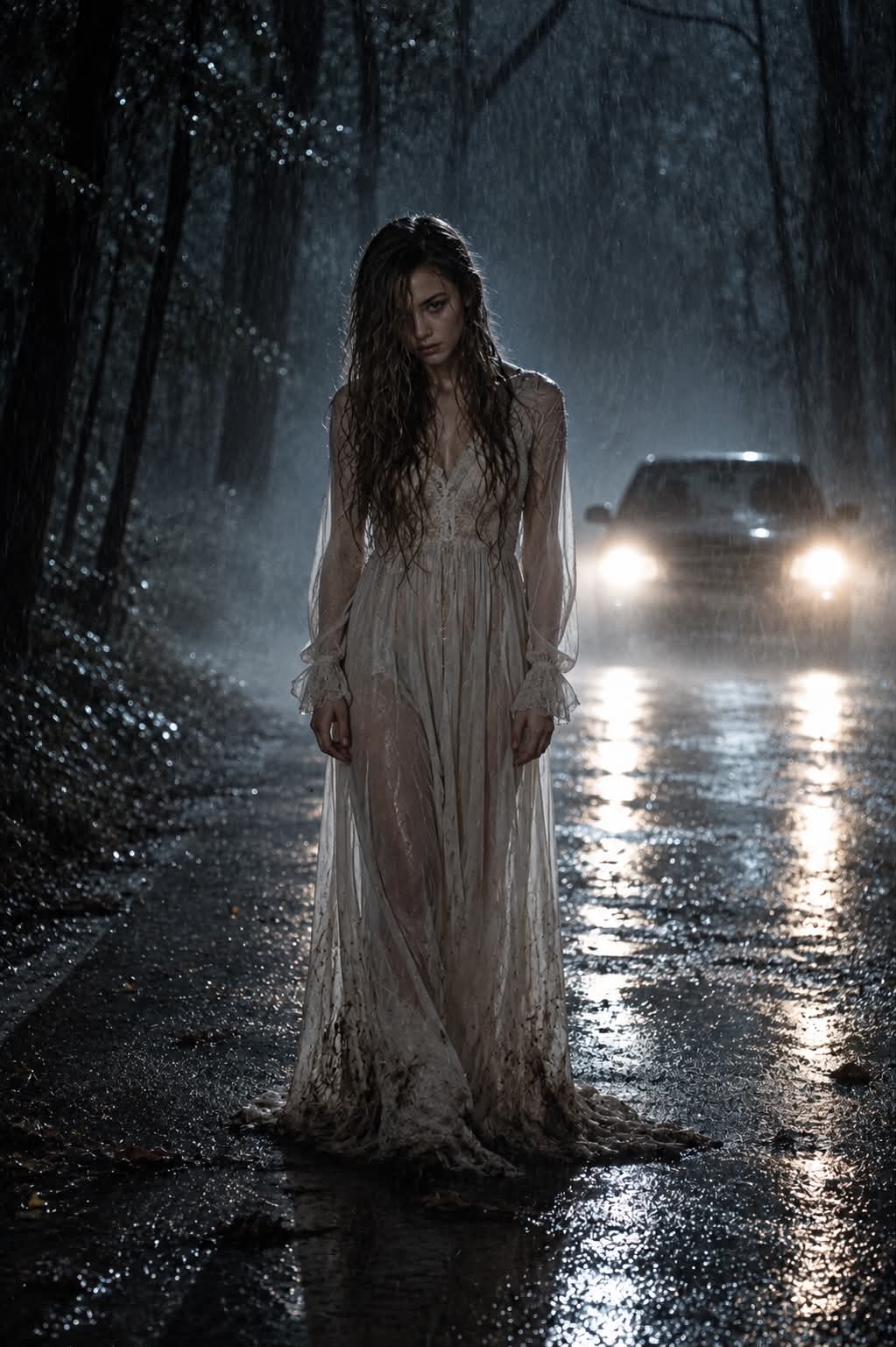 Woman Standing in a Rain-Soaked Forest at Night