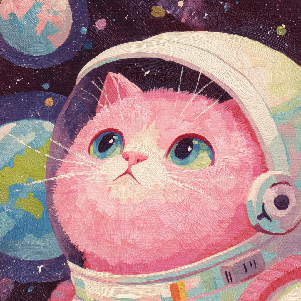 Retro Gouache Poster of a Cat Astronaut Exploring Space