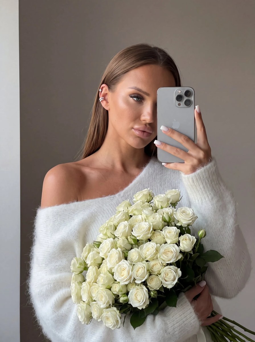 Photorealistic Mirror Selfie with White Roses output 1