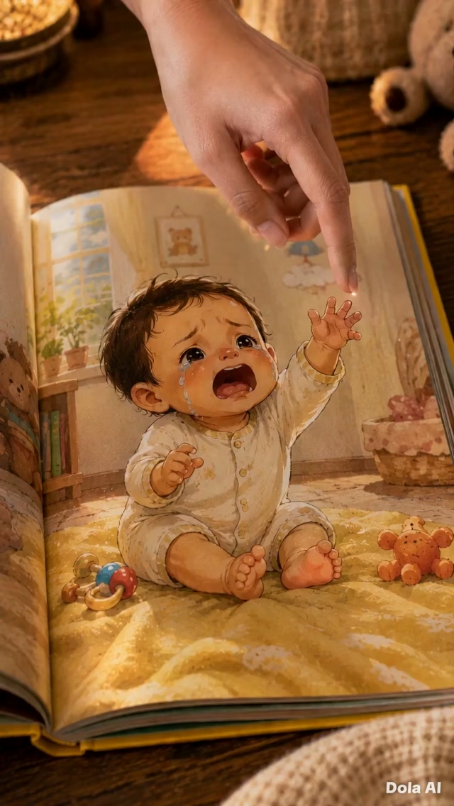 A Real Finger Comforts an Illustrated Baby