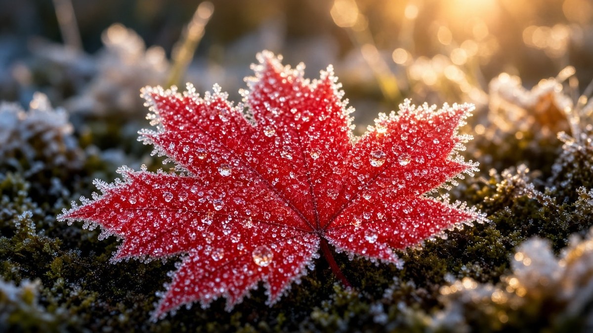 Photoreal Macro of Frost Crystals on a Red Maple Leaf at Sunrise
