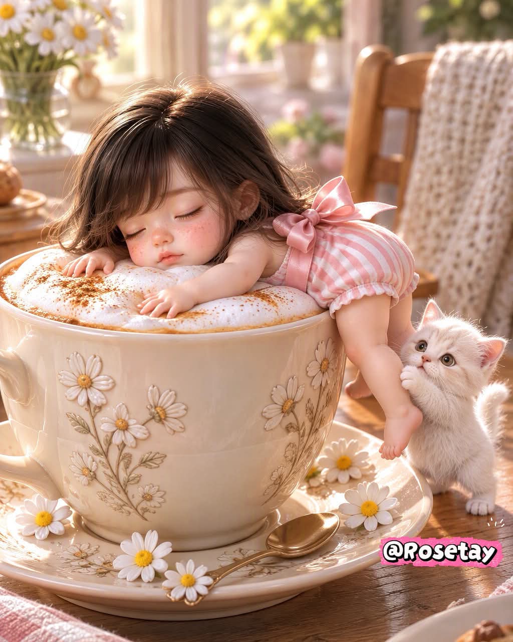 Miniature Girl Napping on Coffee Foam