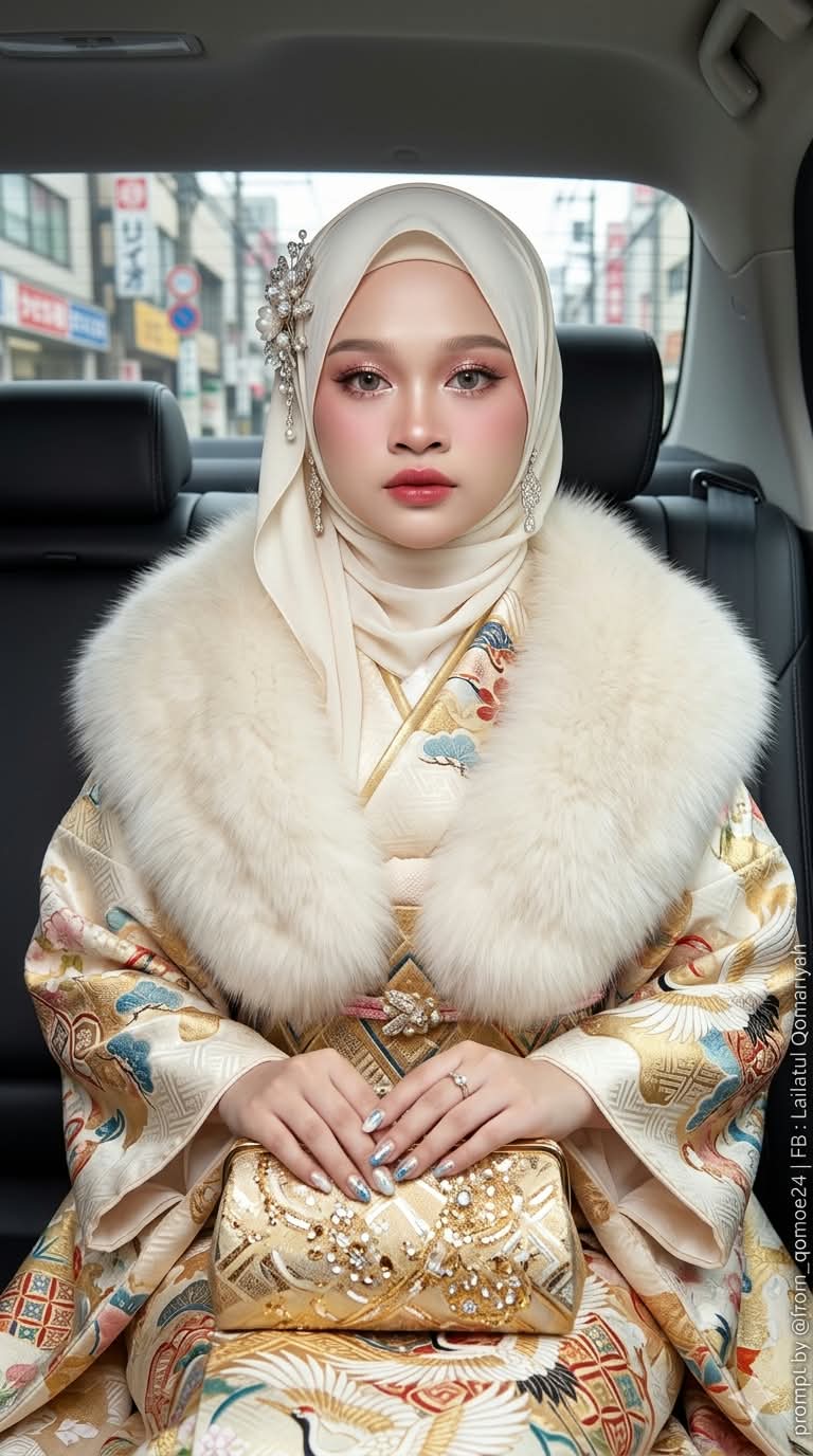 Young Woman in an Ivory Kimono in a Luxury Car