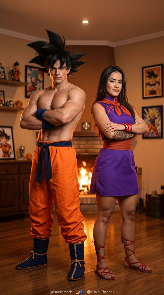 Goku and Me: Hyperrealistic Fireplace Cosplay Portrait