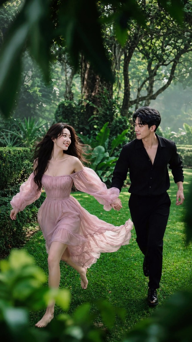 Velvet Bloom: Couple Running Through an Emerald Garden output 1