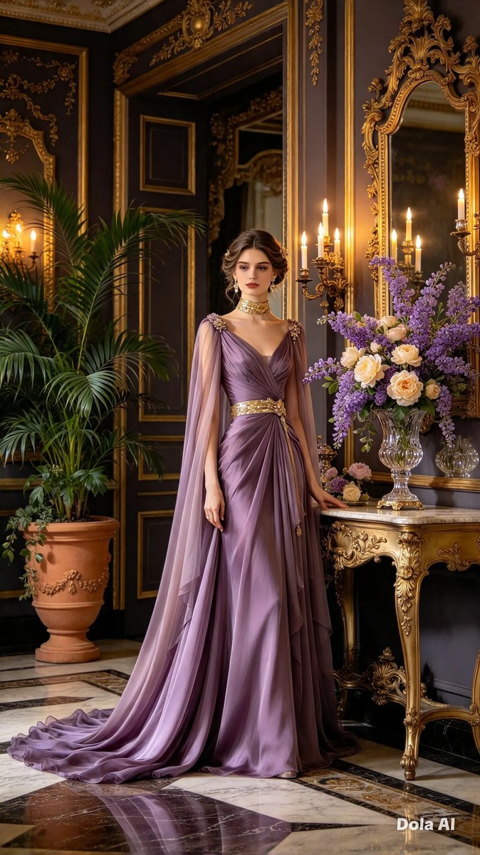 Woman in a Dusty Purple Gown in a Candlelit Interior output 2