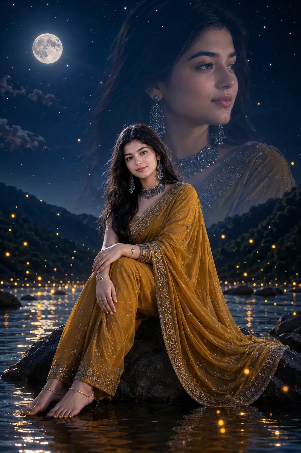 Moonlit Saree Portrait on a Lake
