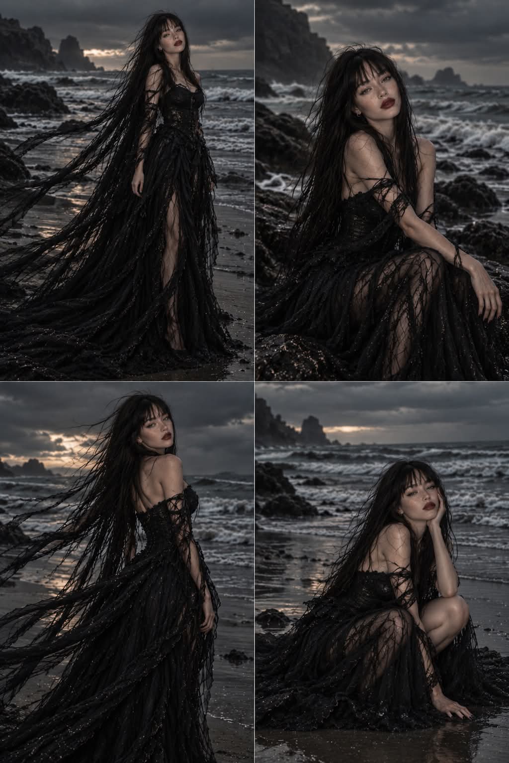 Gothic Seashore Portrait with Windblown Black Train output 3