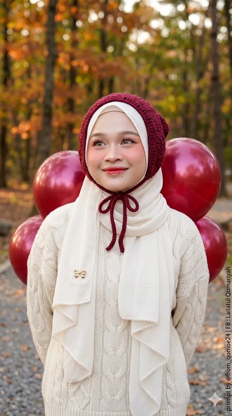 Autumn Hijab Portrait with Red Balloons