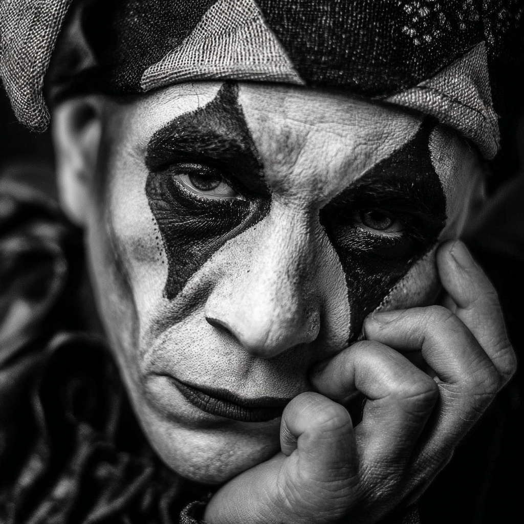 High-Contrast Portrait of a 1920s Sad Clown