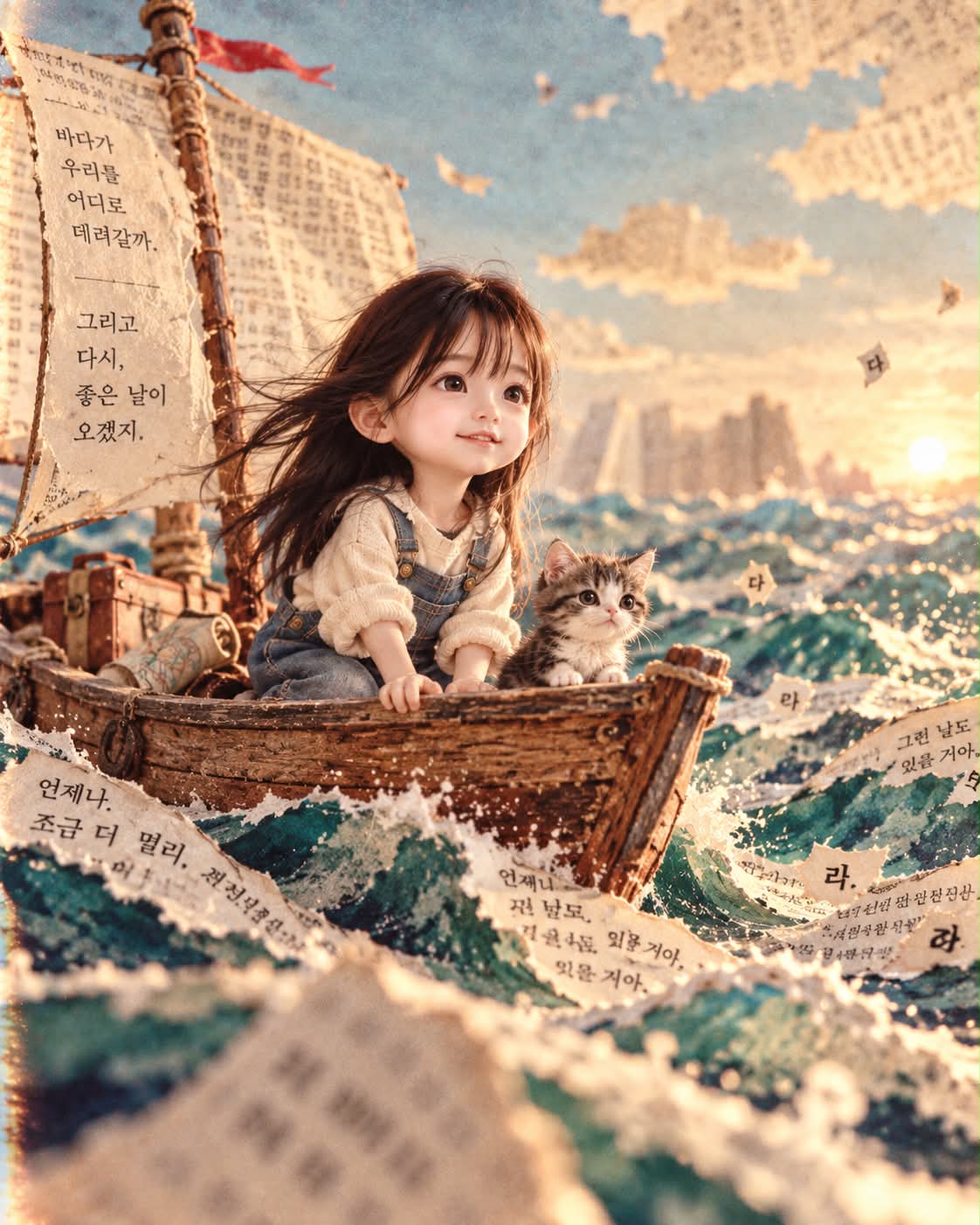 Miniature Doll in a Paper-Collage Seascape