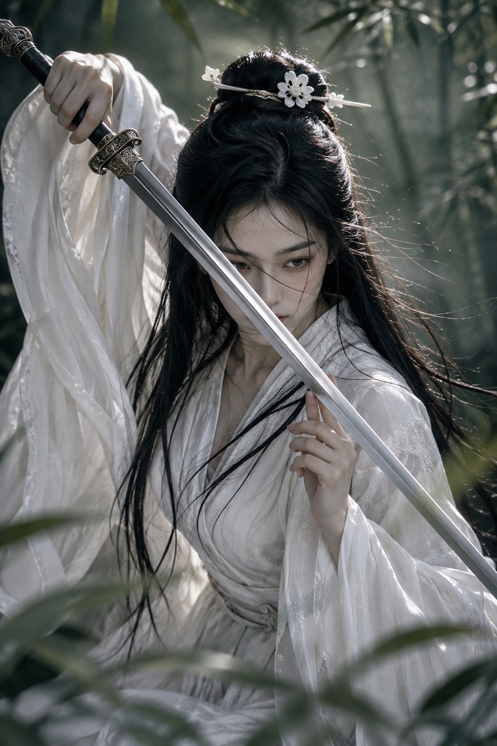 Cinematic Wuxia Portrait in a Bamboo Forest