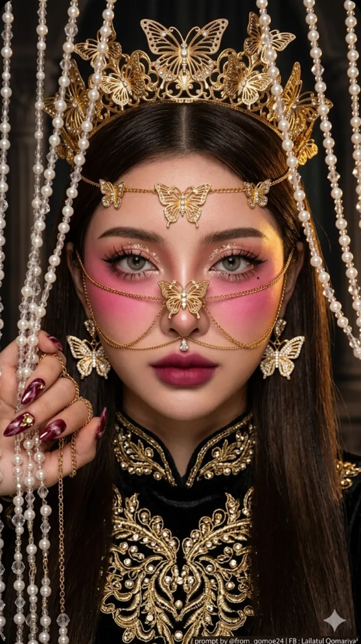 Golden Butterfly Crown Portrait Behind a Beaded Curtain