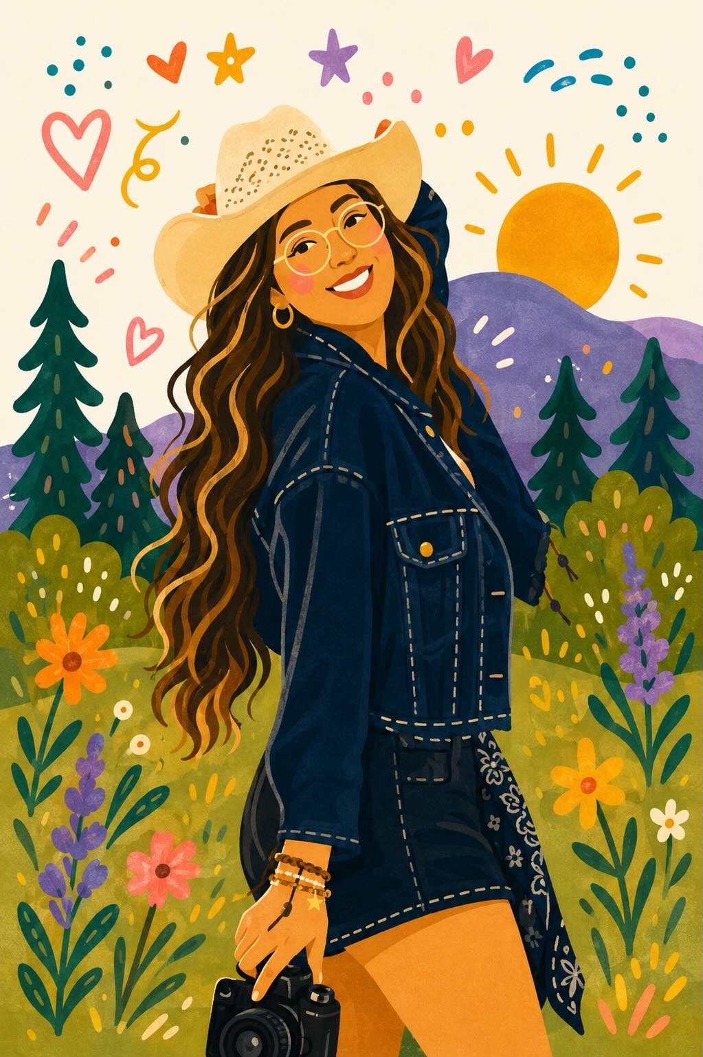 Whimsical Folk Flat Illustration with Doodles