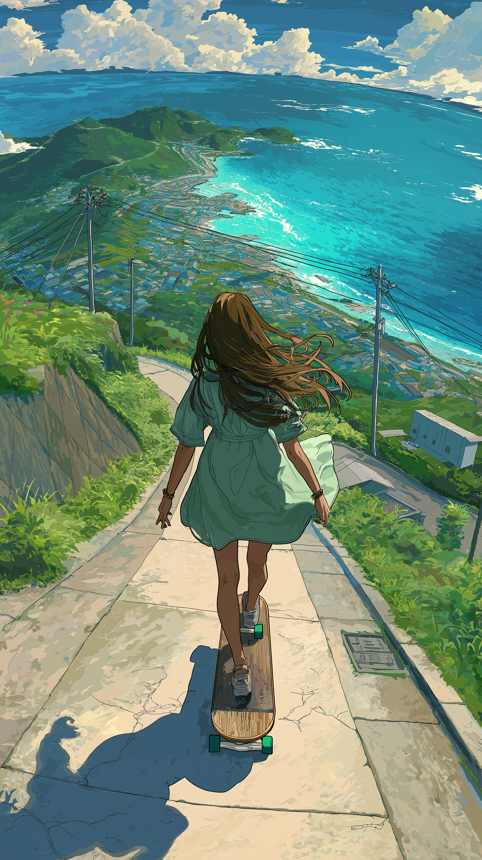 Cinematic Anime Illustration of a Woman Skateboarding Down a Coastal Hill