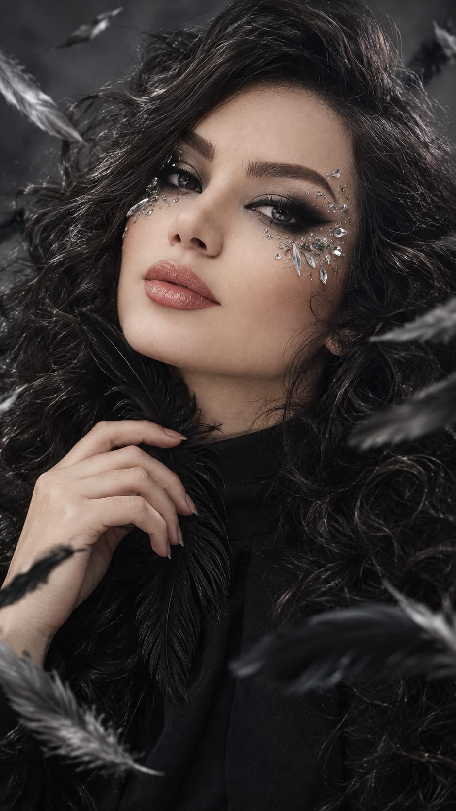 Gothic Editorial Portrait with Crystals and Feathers output 2