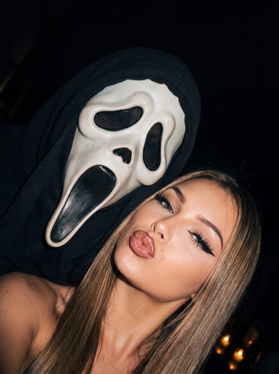 Photorealistic Nighttime Horror Selfie with a Masked Figure