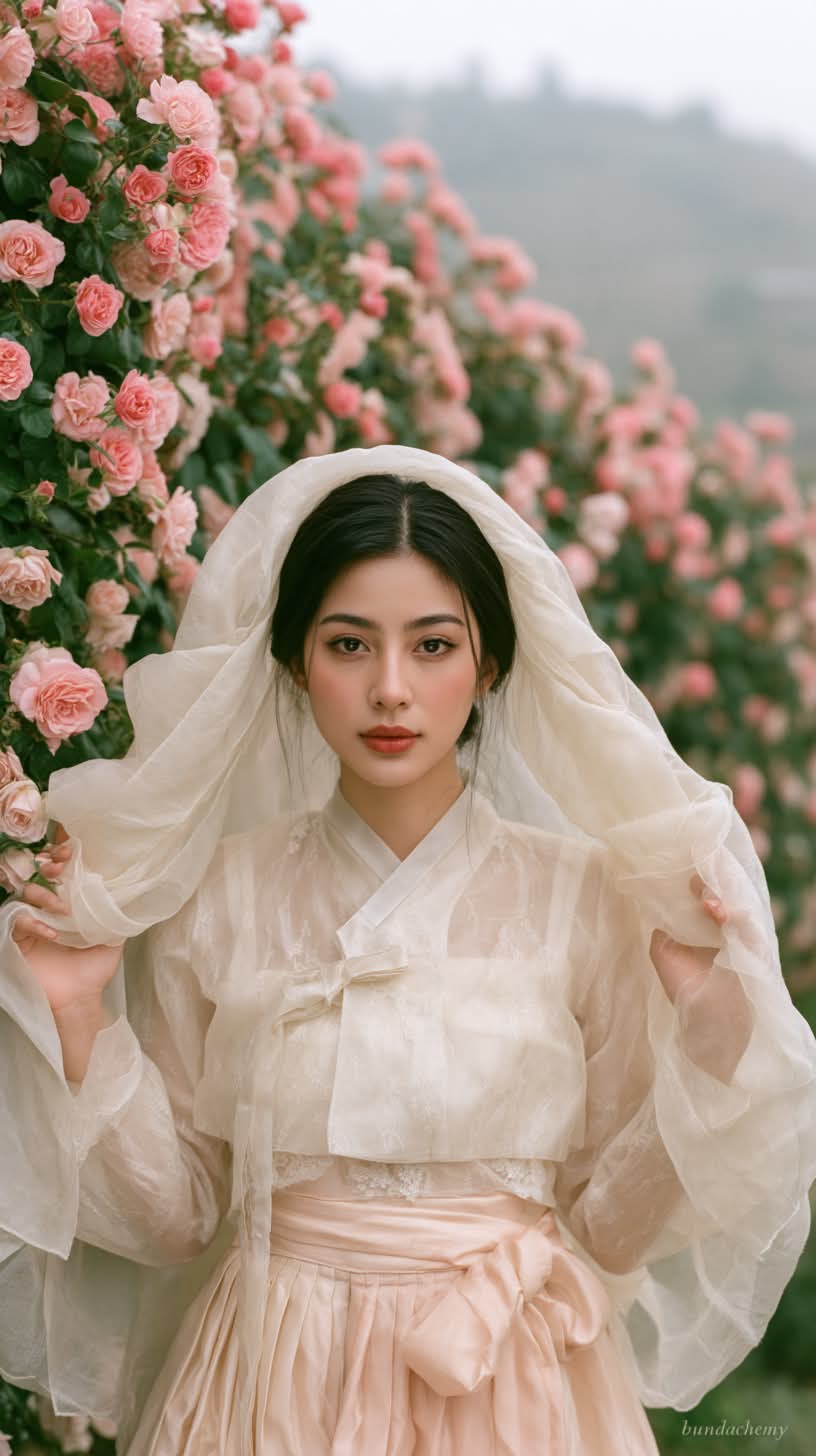 Cinematic Hanbok Portrait Among Pink Roses output 3
