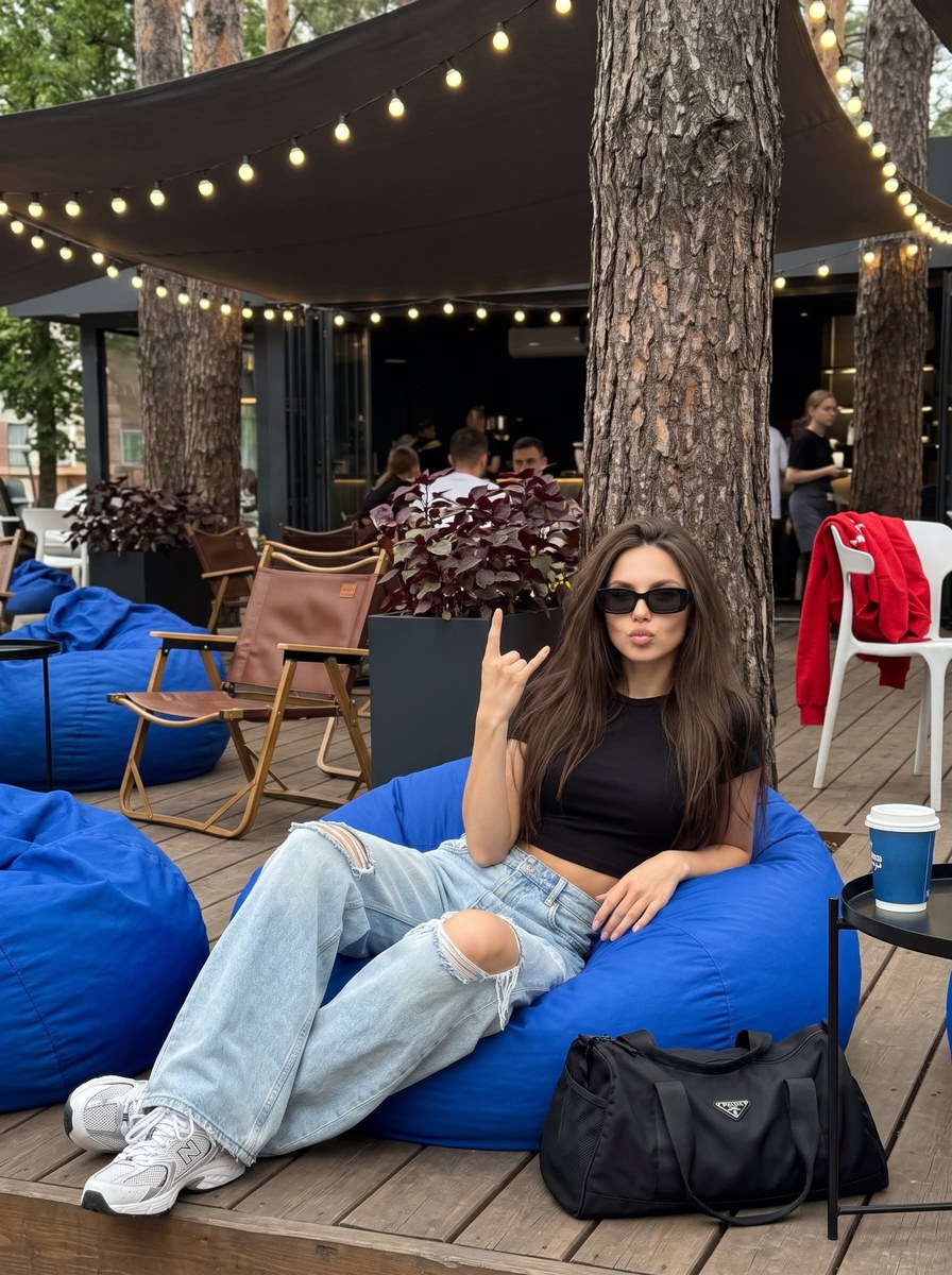 Young Woman on a Summer Café Terrace