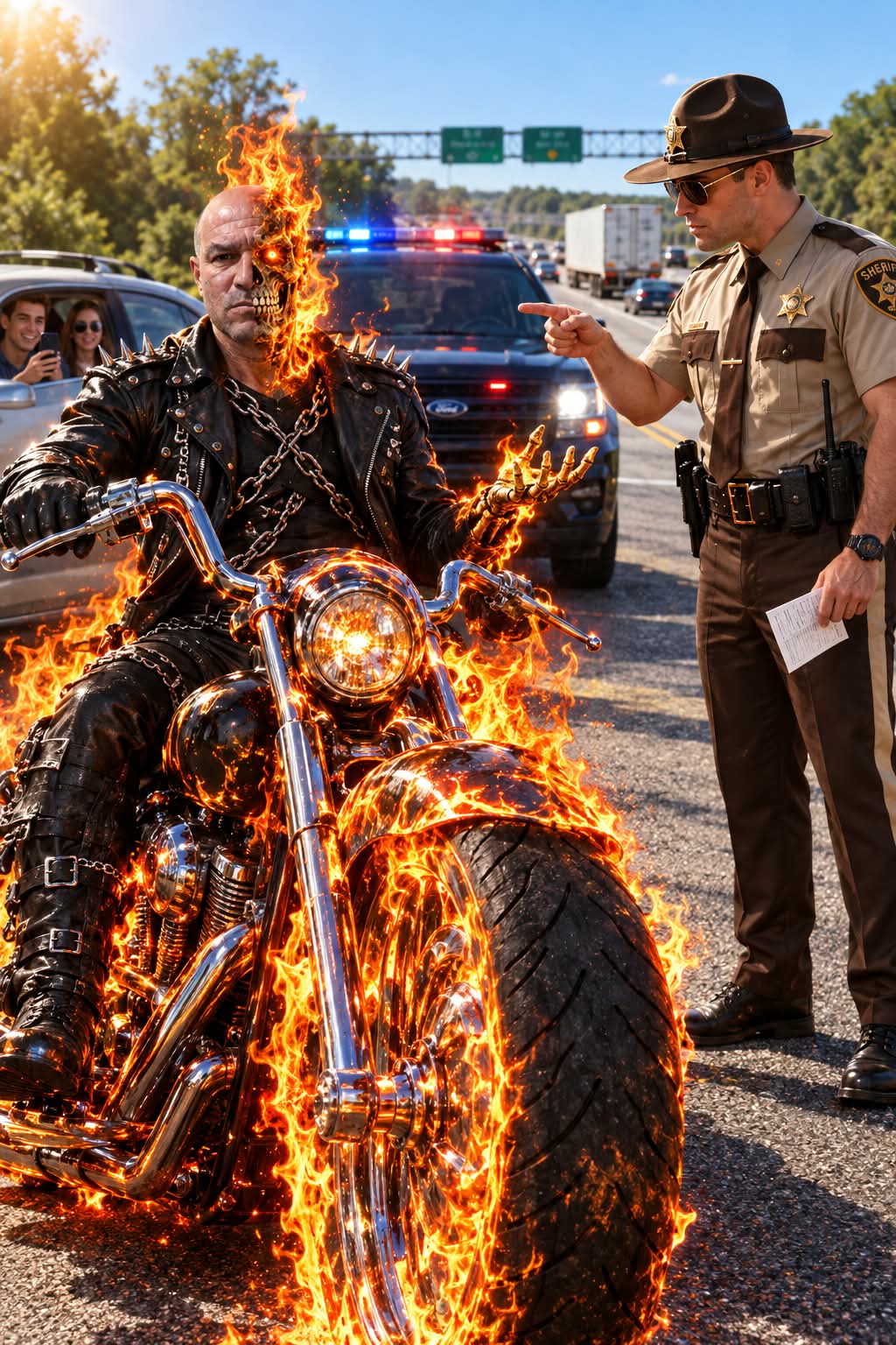 Flaming Supernatural Motorcyclist and Highway Patrol Officer