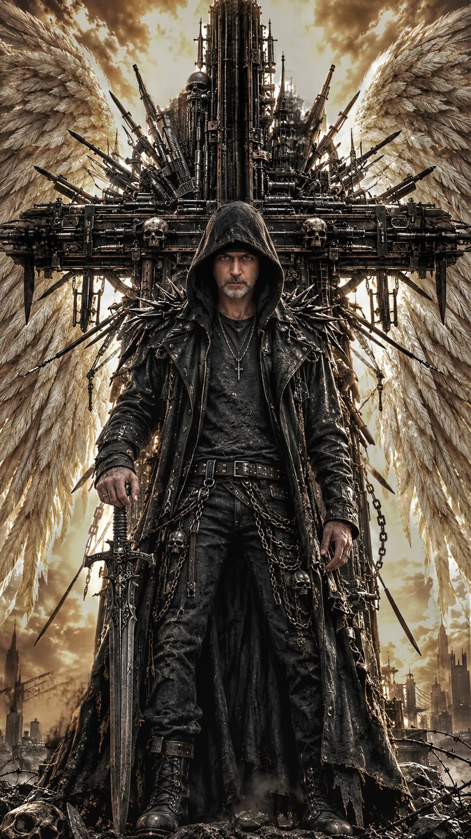 Hooded Swordsman Beneath Mechanical Wings