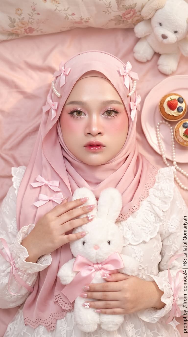 Dreamy Pink Hijab Portrait with a Bunny Plush