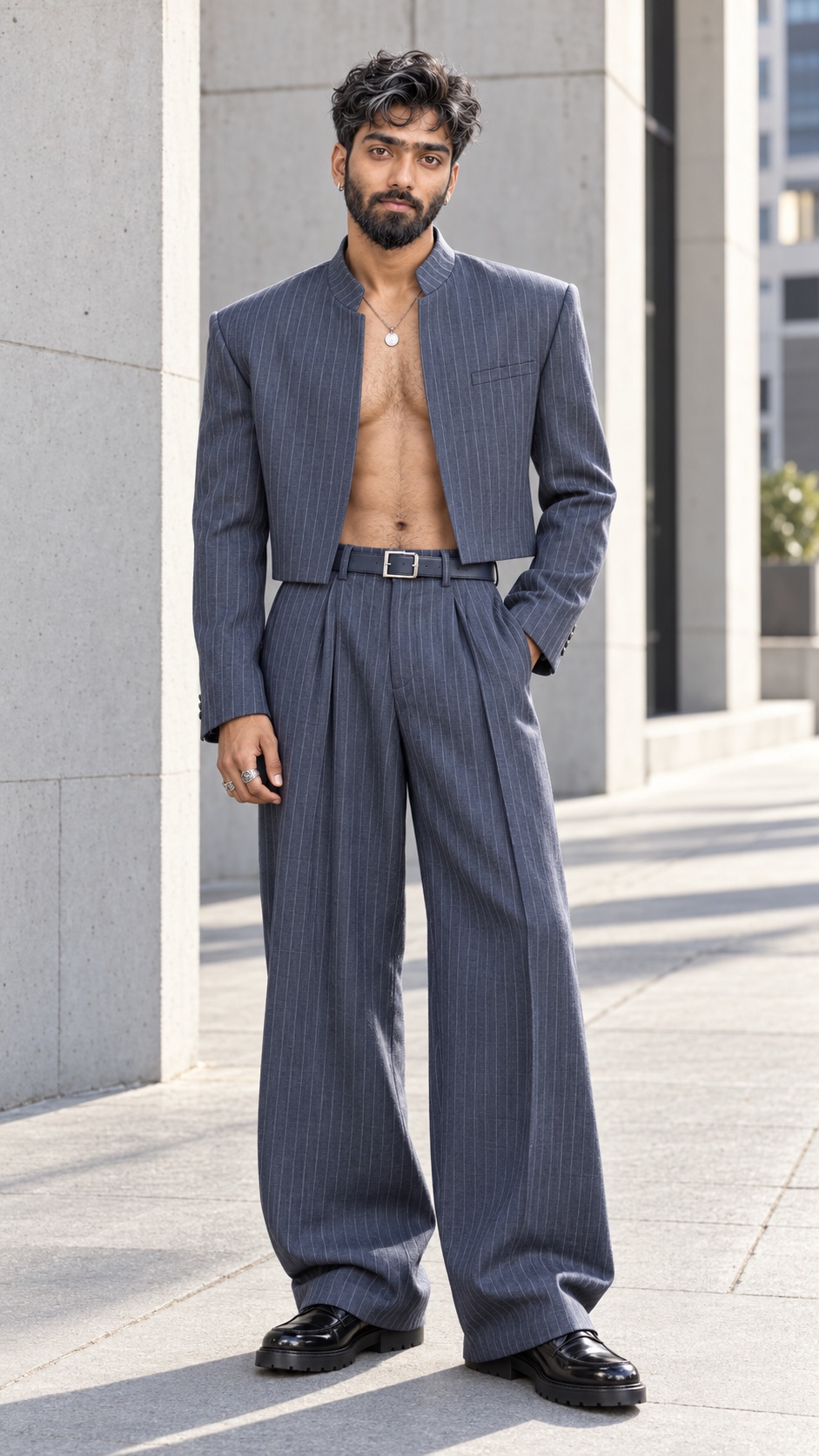 Sunlit Pinstripe Street-Fashion Portrait