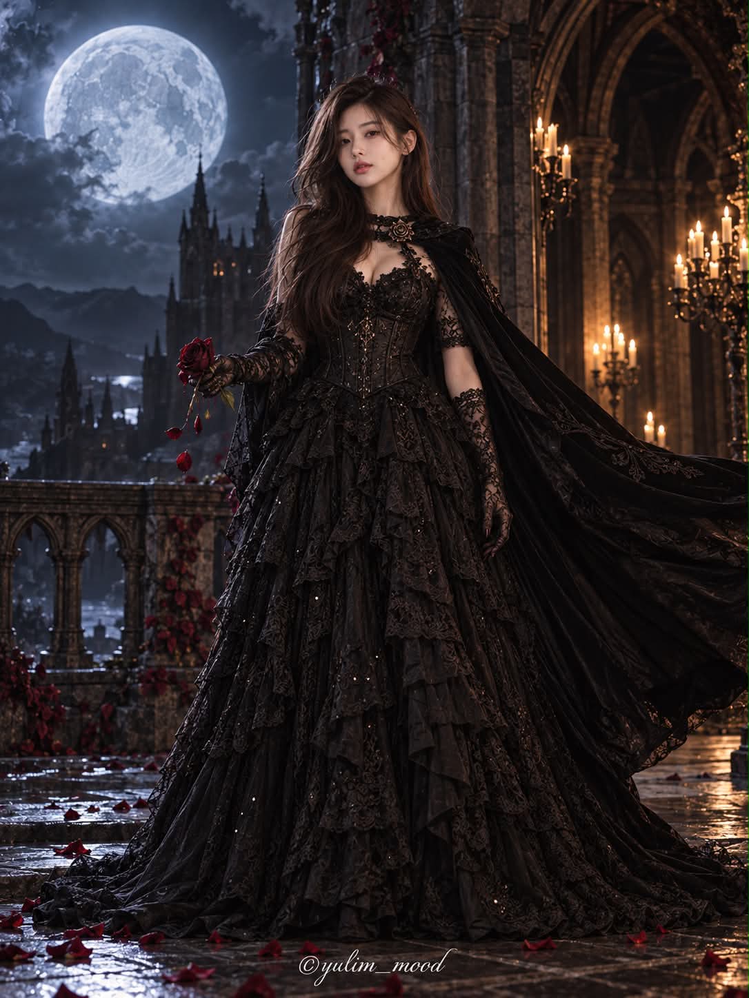 The Last Rose: Moonlit Castle Terrace Portrait