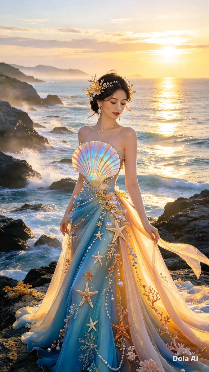 Iridescent Seashell Gown at Sunrise output 4